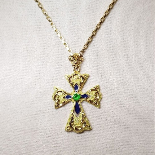 Handmade 14K Yellow Gold Orthodox Cross with Certified Tsavorite Garnet, New