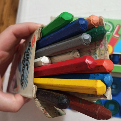 Painting colors used, sets of watercolors and crayons