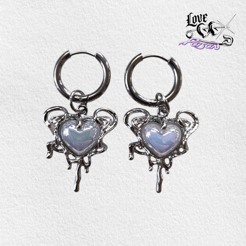Love X Poison Handmade Stainless Steel Silver Hoop Earrings with Iridescent Blue Opal-Style Heart