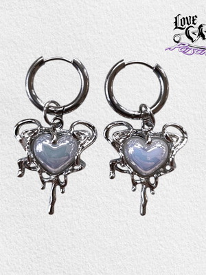 Love X Poison Handmade Stainless Steel Silver Hoop Earrings with Iridescent Blue Opal-Style Heart