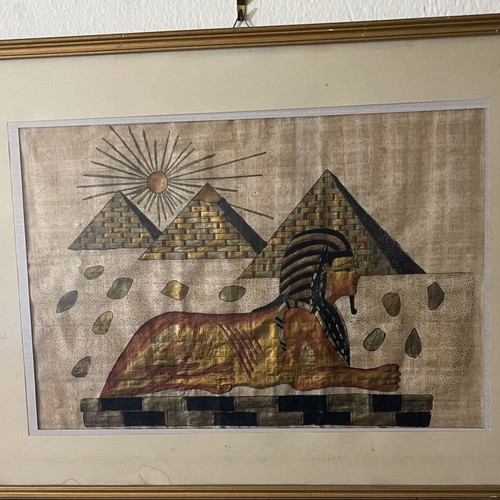 Handmade painting on Egyptian papyrus with frame used