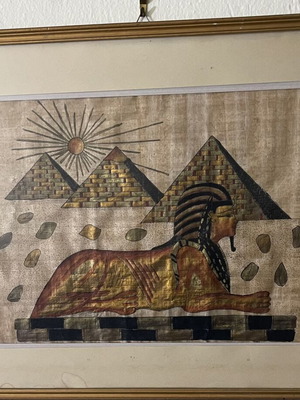 Handmade painting on Egyptian papyrus with frame used