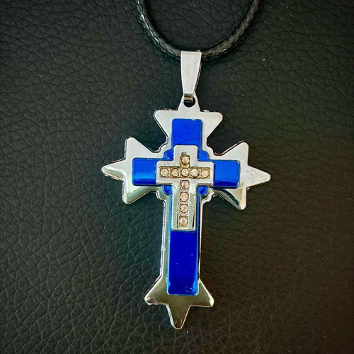 Blue cross pendant with crystals, steel