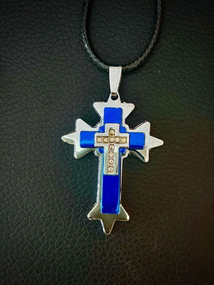 Blue cross pendant with crystals, steel
