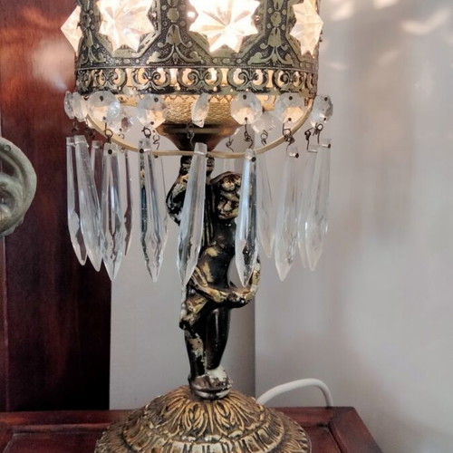 Vintage brass table lamp with cherub and hanging crystals