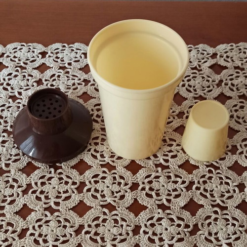 Cocktail shaker plastic beige with brown 1960's vintage new Greek made