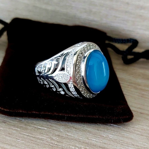 Men's silver 925 ring with natural light blue agate new
