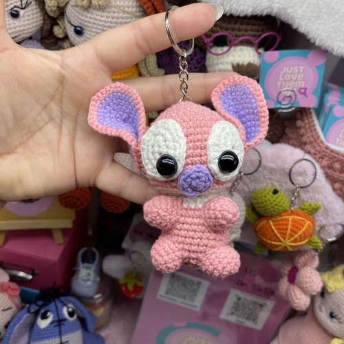Handmade crochet Stitch Angel keychain pink