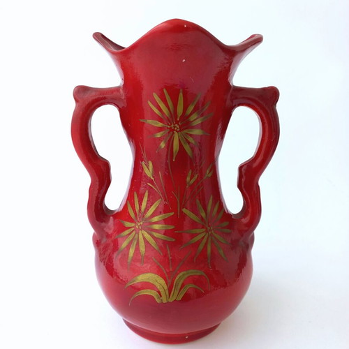 Handmade ceramic vase vintage used, red hand-painted