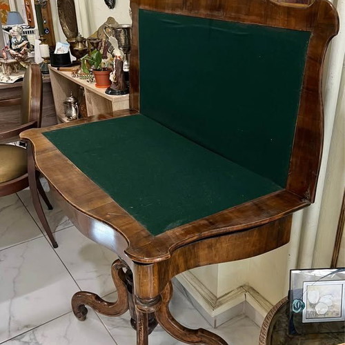 Antique table used, folding, solid walnut with storage space