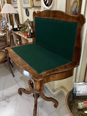 Antique table used, folding, solid walnut with storage space