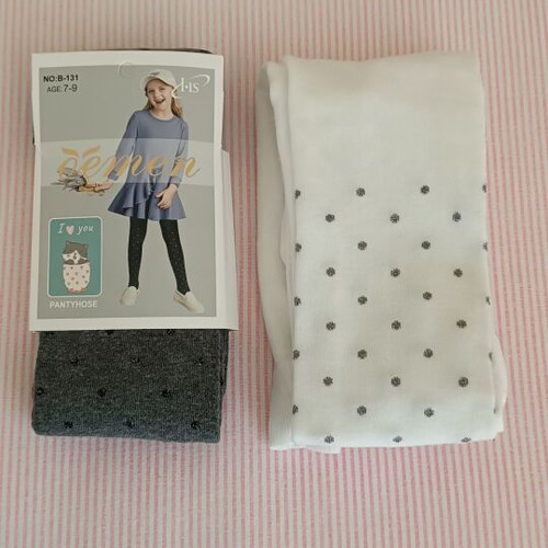 Children's cotton polka dot tights set of 2, new, white and gray