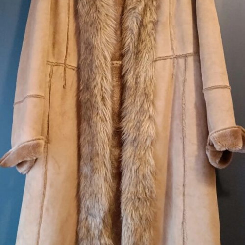 Sofia suede long coat with fur trim, size L