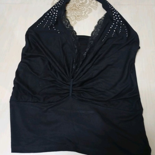 Caramella black elastic halter top with lace and rhinestones like new