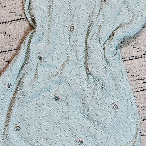 Mini dress with embroidered beads and flowers like new, turquoise