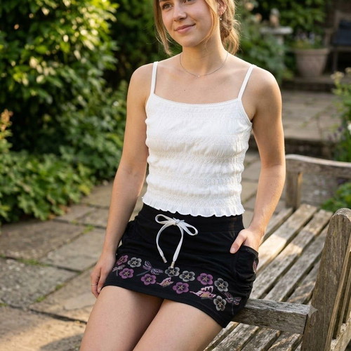 Black embroidered skirt with white top set, size S
