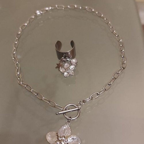 Silver necklace and ring set with charms made of stainless steel new