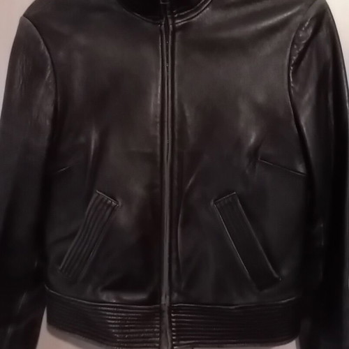 Women's leather biker jacket used, black, size S with leopard lining