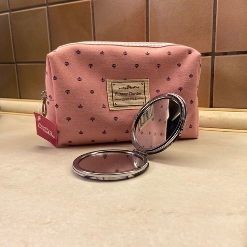 Small toiletry bag and pocket mirror new with waterproof lining