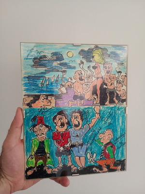 Vintage satirical cartoons used, set of 2, 70s-80s style