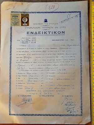 Gymnasion Arrenon Syrou School Report Card 1963