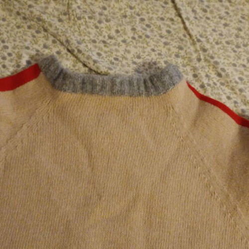 Stefanel short-sleeve wool blouse, beige with grey and red trim