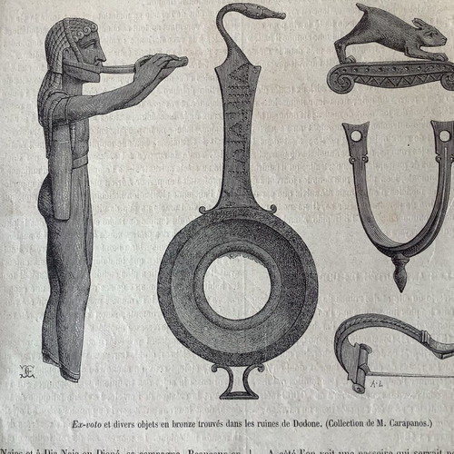 Ξυλογραφία 1880 των ευρημάτων του Καραπάνου από το θέατρο της αρχαίας Δωδώνης μεταχειρισμένη 19x14 cm