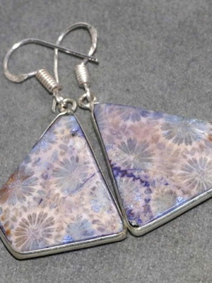 Polygonal earrings with fossilized purple coral new
