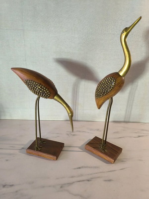 Decorative birds used, wood and brass set of 2