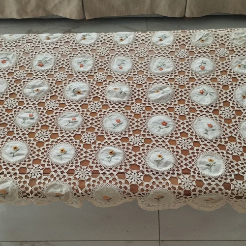 Vintage handmade crochet table linen with embroidered motifs 90x140 cm like new