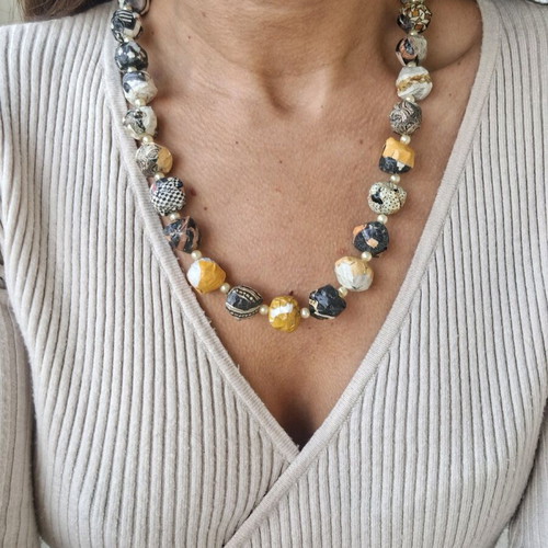 Papier-mâché necklace handmade made to order, yellow and black and white