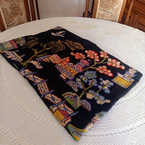 Handmade embroidered pillowcase used, oriental cross-stitch motif 67x44 cm