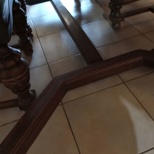 Tudor dining set used, handmade carved walnut with 6 chairs
