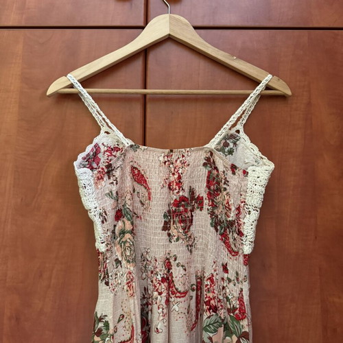 Retro floral summer dress used, size XS/S, beige multicolor
