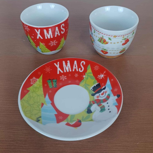Christmas cup set with 2 small cups and 1 saucer as set