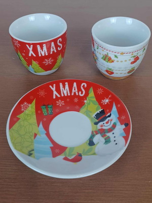 Christmas cup set with 2 small cups and 1 saucer as set