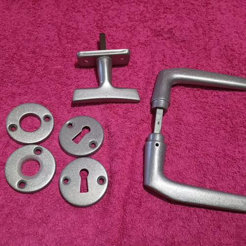 Aluminum Door Handle Set with Rosette and Lock Escutcheon like new