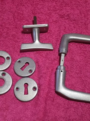 Aluminum Door Handle Set with Rosette and Lock Escutcheon like new