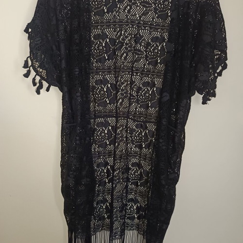 Women's beach kimono with lace and fringes like new, black