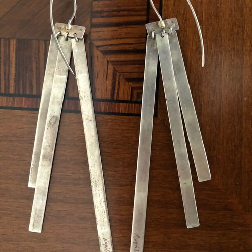 Silver earrings used, long, turquoise color