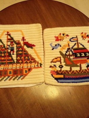 Vintage handmade embroidered pillows set of 2 with nautical ship designs