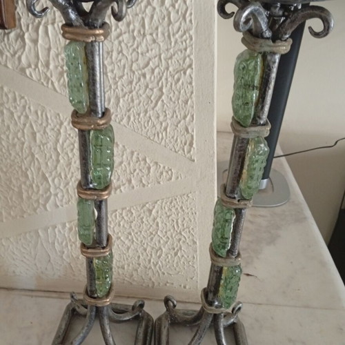 Pair of large handmade pewter candlesticks with green glass decoration