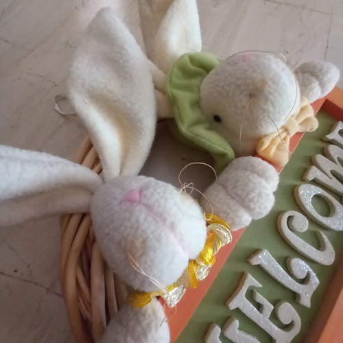 Easter Door Wreath like new with felt bunnies and wooden Welcome sign