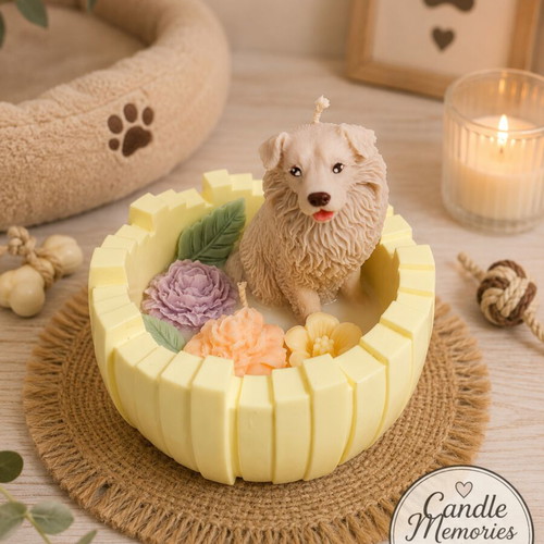 Handmade scented dog candle with reusable porcelain powder container