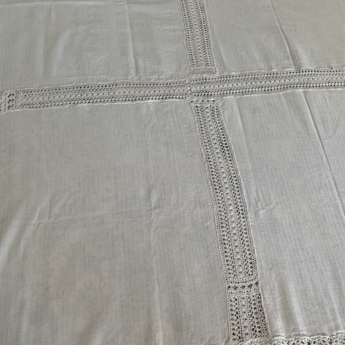 Vintage handmade dowry tablecloth with azur and crochet lace, like new