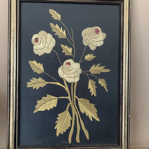 Handmade vintage embroidered textile painting with gold thread and sequins