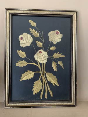 Handmade vintage embroidered textile painting with gold thread and sequins