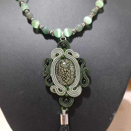 Necklace with cat's eye and aventurine in 925 silver, very long, new
