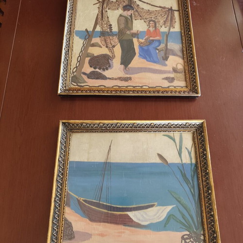 Silk paintings used, set of 2, sizes 42x48 and 49x55 cm