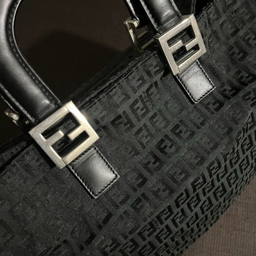 Fendi Tote Zucchino FF Logo black leather trim handles used